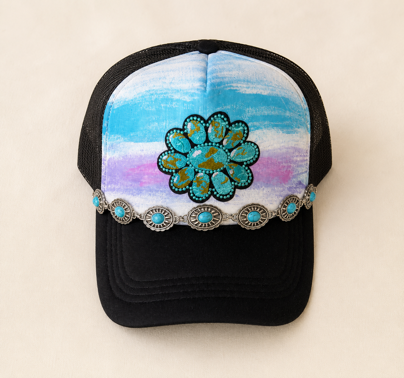 Turquoise Bloom Hand-Painted Trucker Hat