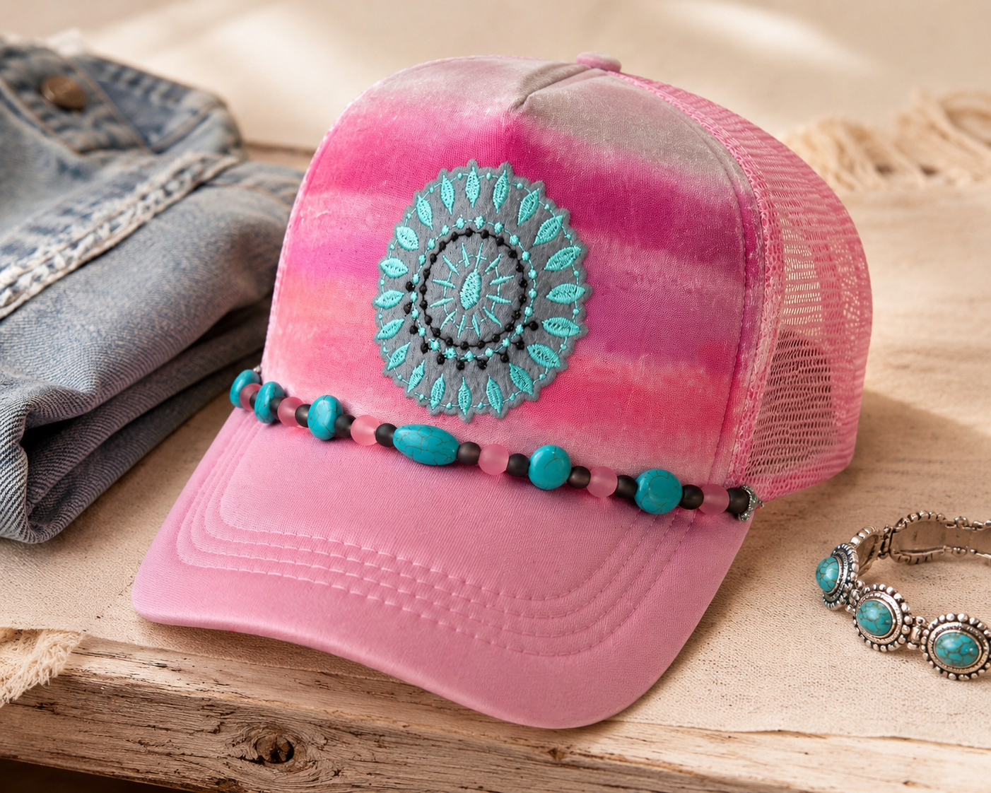 Pink Desert Bloom Hand-Painted Trucker Hat