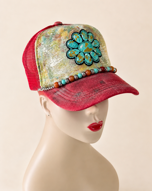 Turquoise Bloom Hand-Embellished Western Trucker Hat