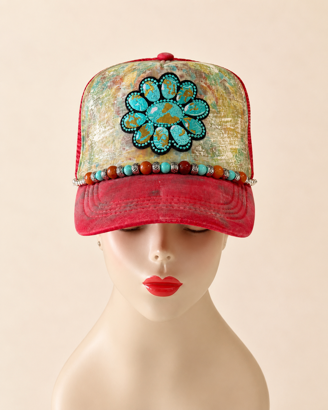 Turquoise Bloom Hand-Embellished Western Trucker Hat