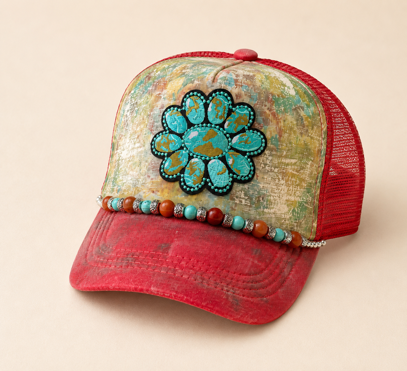 Turquoise Bloom Hand-Embellished Western Trucker Hat
