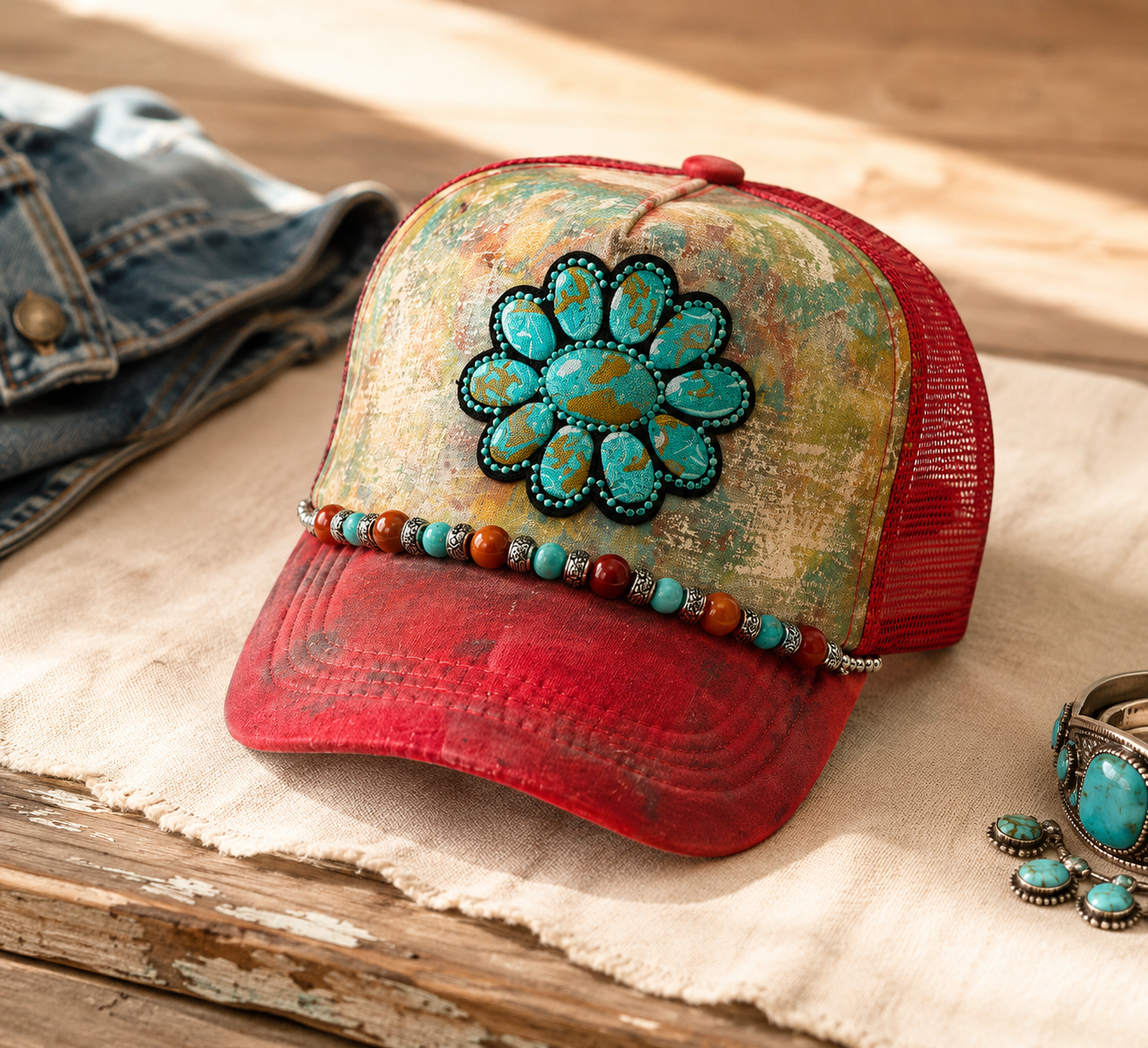 Turquoise Bloom Hand-Embellished Western Trucker Hat