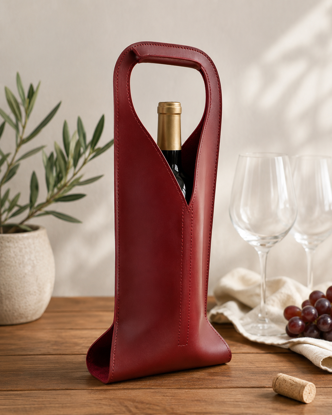 Burgundy Faux Leather Wine Bottle Tote