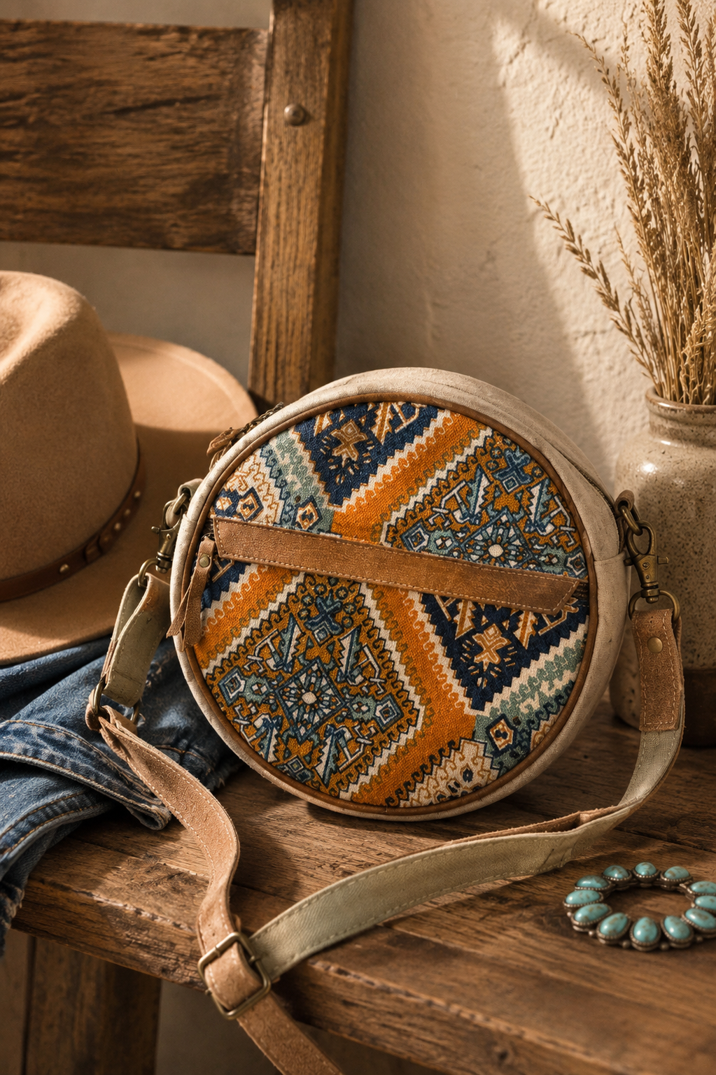 Upcycled Southwestern Round Crossbody Bag