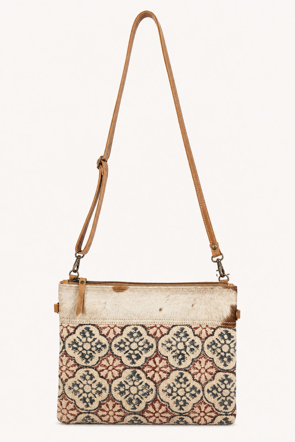 Upcycled Woven Rug & Cowhide Crossbody Bag