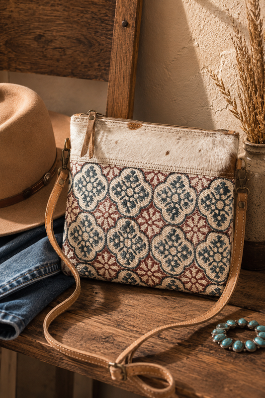 Upcycled Woven Rug & Cowhide Crossbody Bag