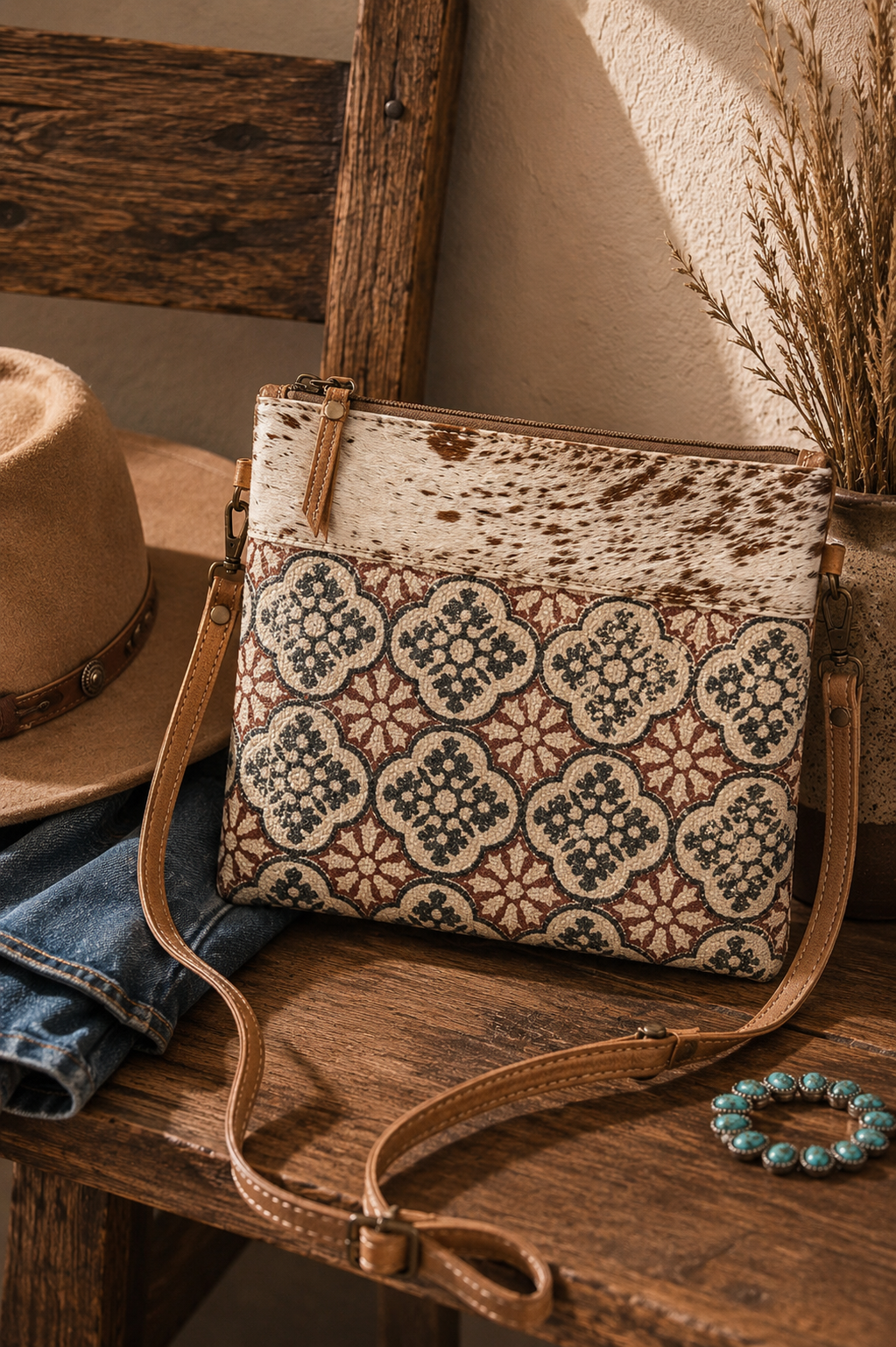 Upcycled Woven Rug & Cowhide Crossbody Bag