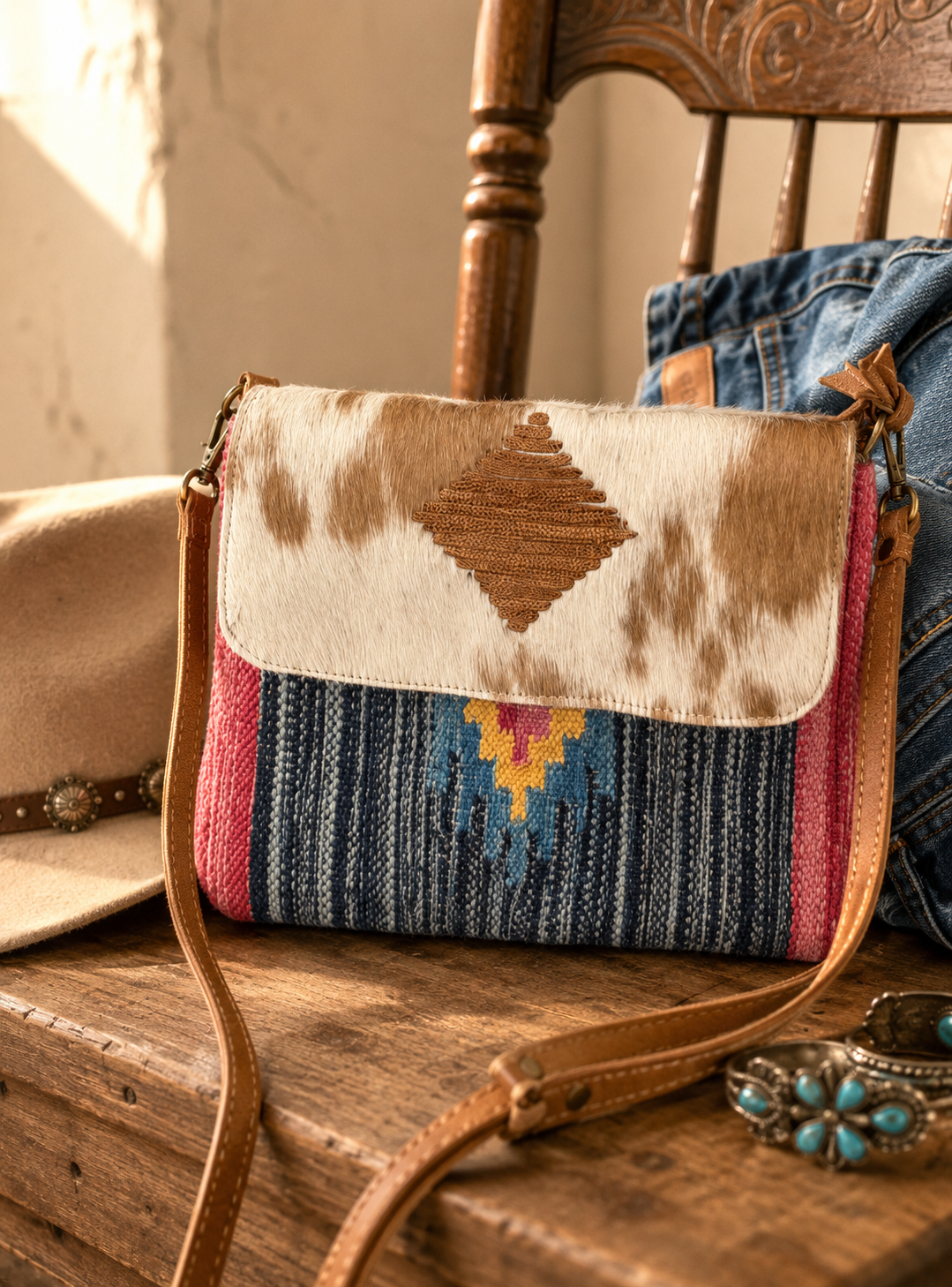 Upcycled Cowhide & Woven Crossbody Bag – Choose Your Hide