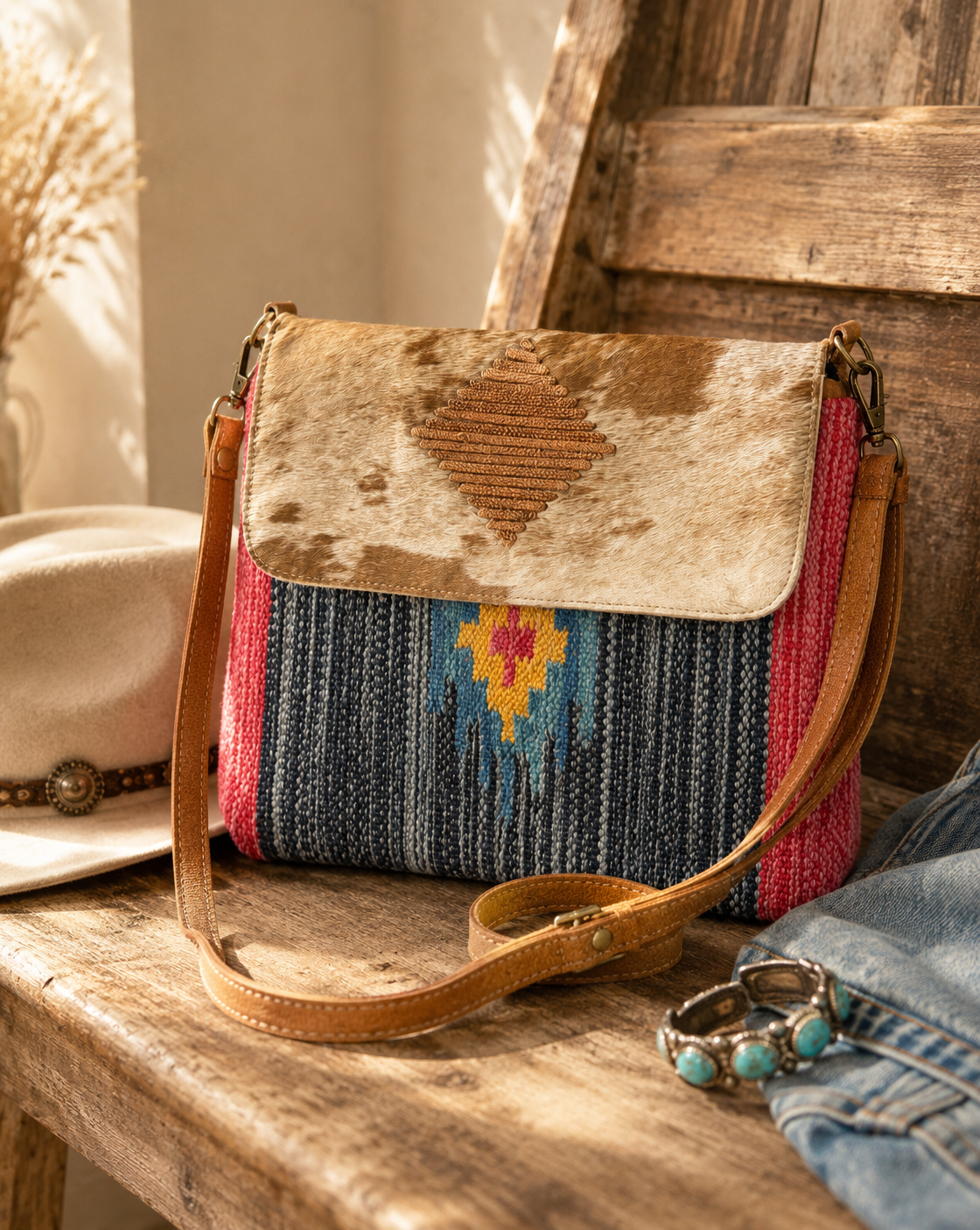 Upcycled Cowhide & Woven Crossbody Bag – Choose Your Hide
