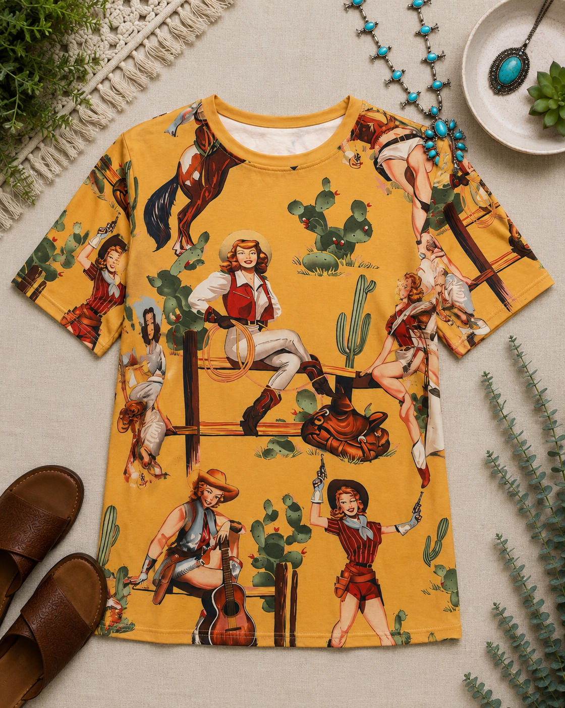 Retro Rodeo Cowgirl All-Over Print Tee