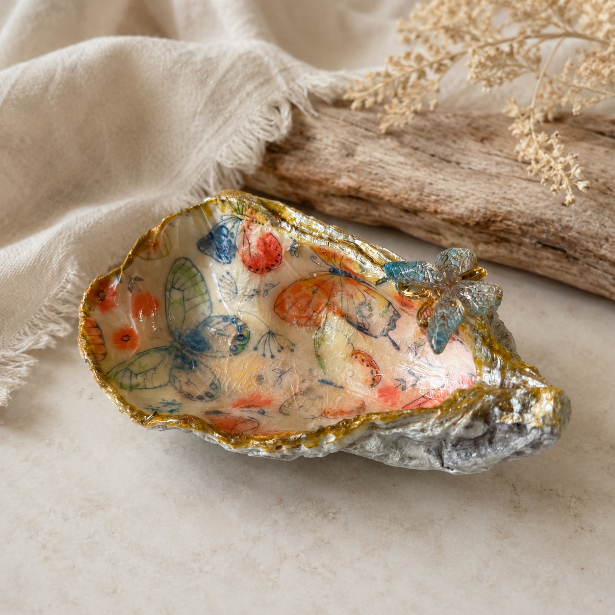 Natural Shell Trinket Dish, Coastal Home Decor - Butterflies