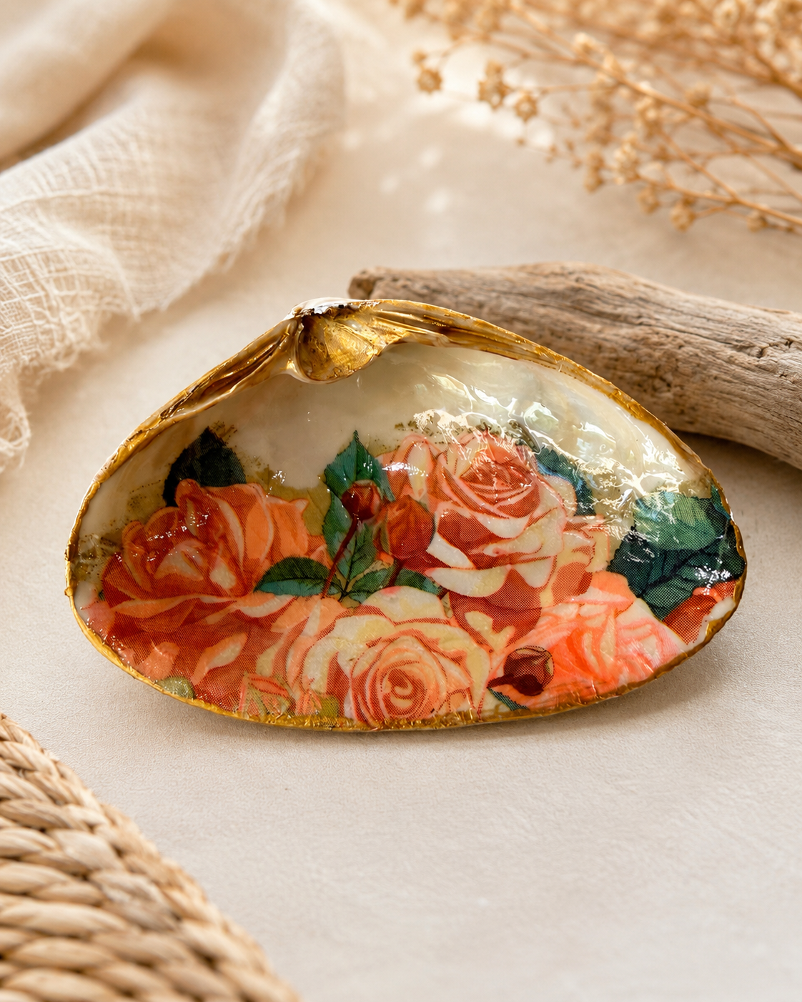 Natural Clam Shell Trinket Dish, Coastal Home Decor - Garden Rose