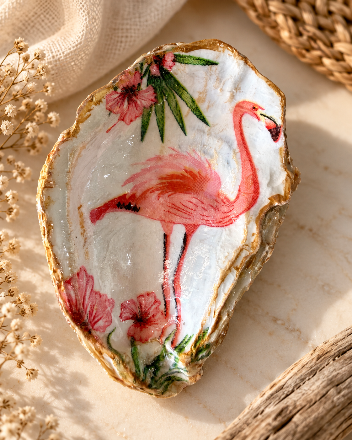 Flamingo in Bloom Handcrafted Oyster Shell Dish