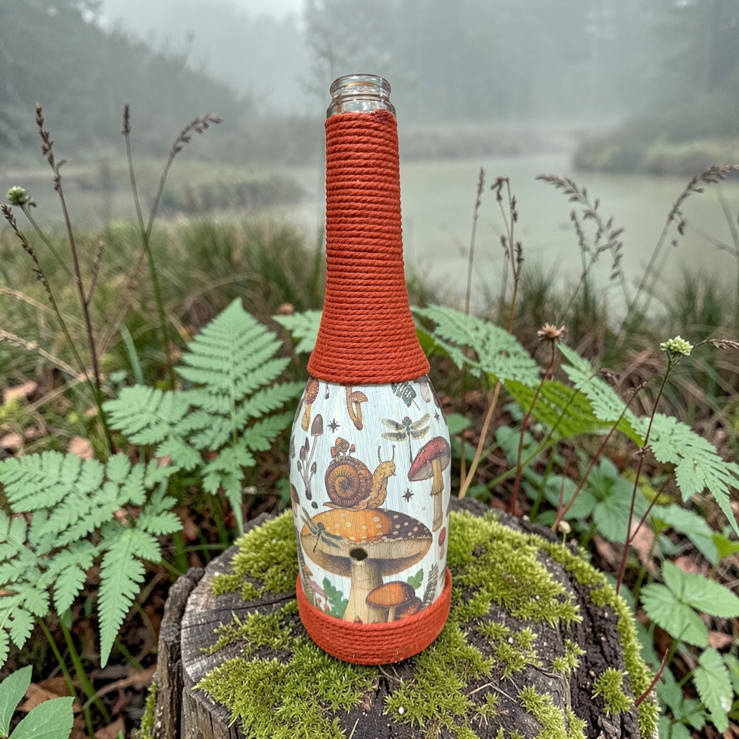 Woodland Mushroom Decor | Upcycled Wine Bottle Incense Burner | Cottagecore Home Fragrance Decor