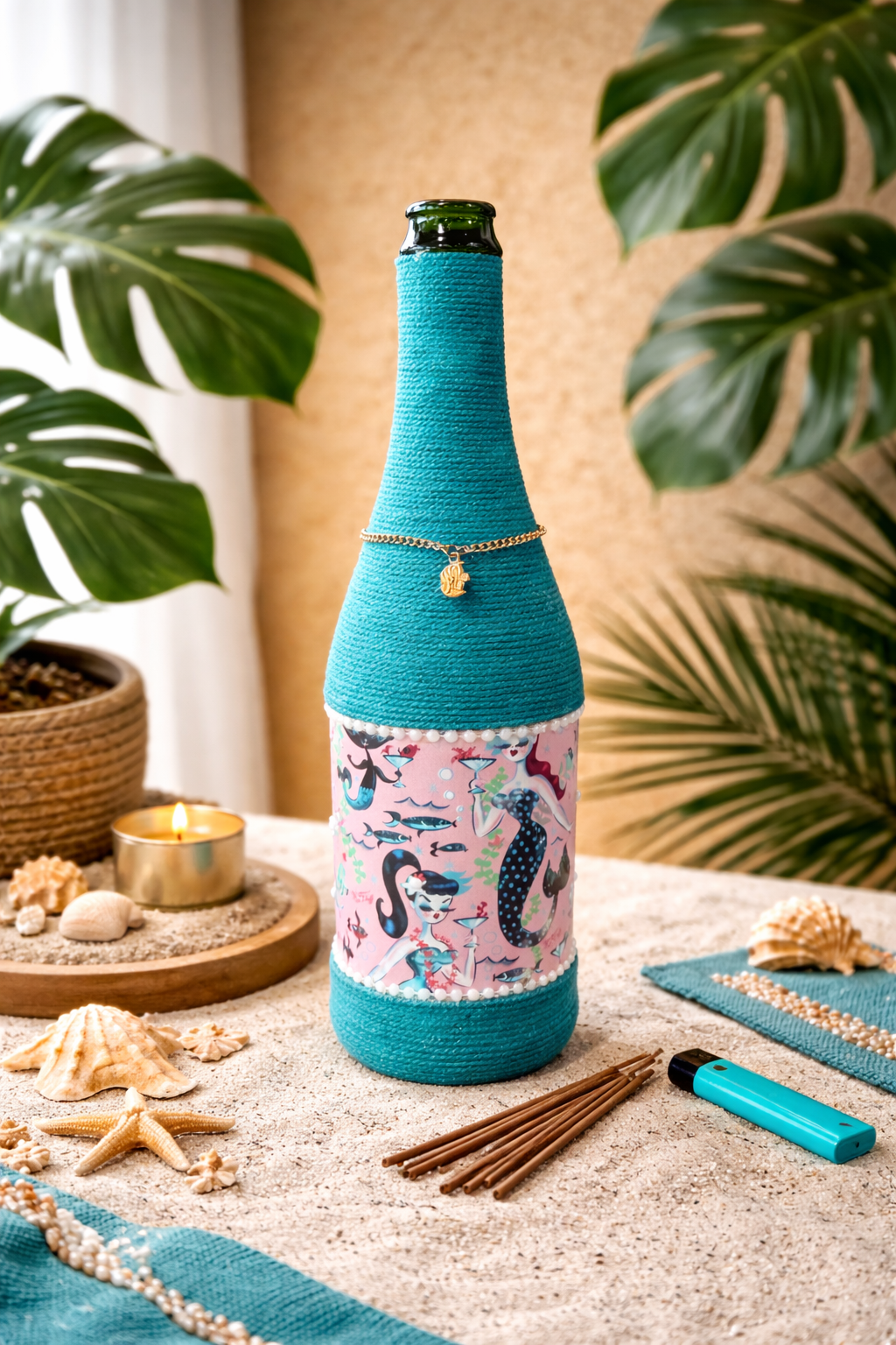 Retro Mermaid Upcycled Wine Bottle Incense Burner | Coastal Home Fragrance Decor