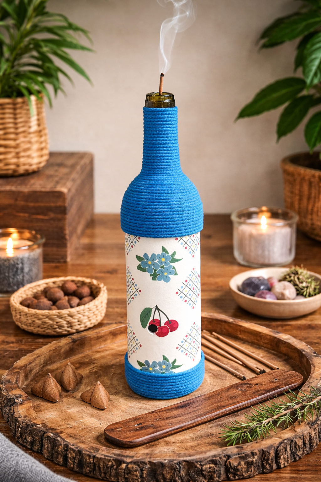 Retro Cherries Upcycled Wine Bottle Incense Burner | Boho Decor