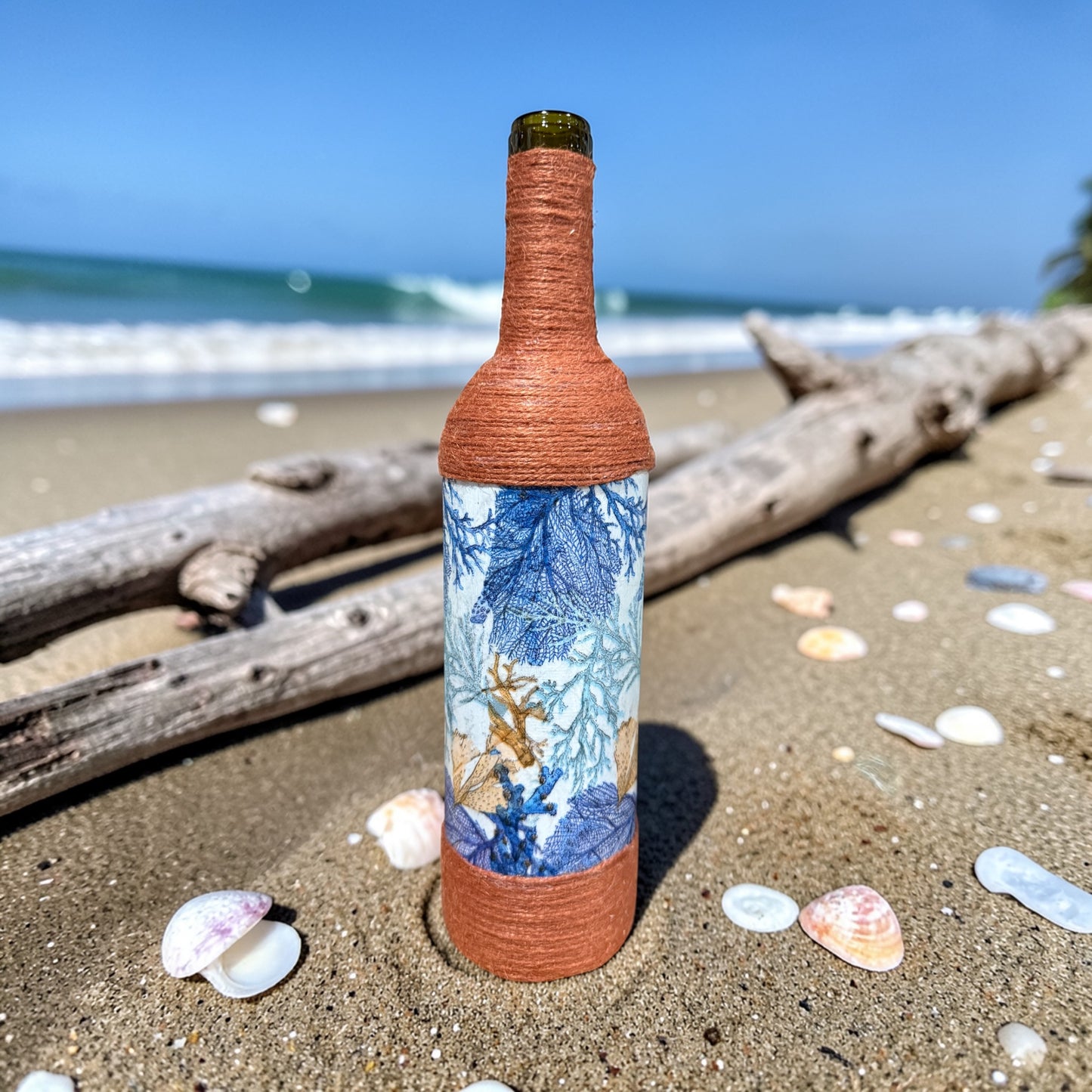 Coastal Coral Upcycled Wine Bottle Incense Burner | Handmade Boho Home Fragrance Decor