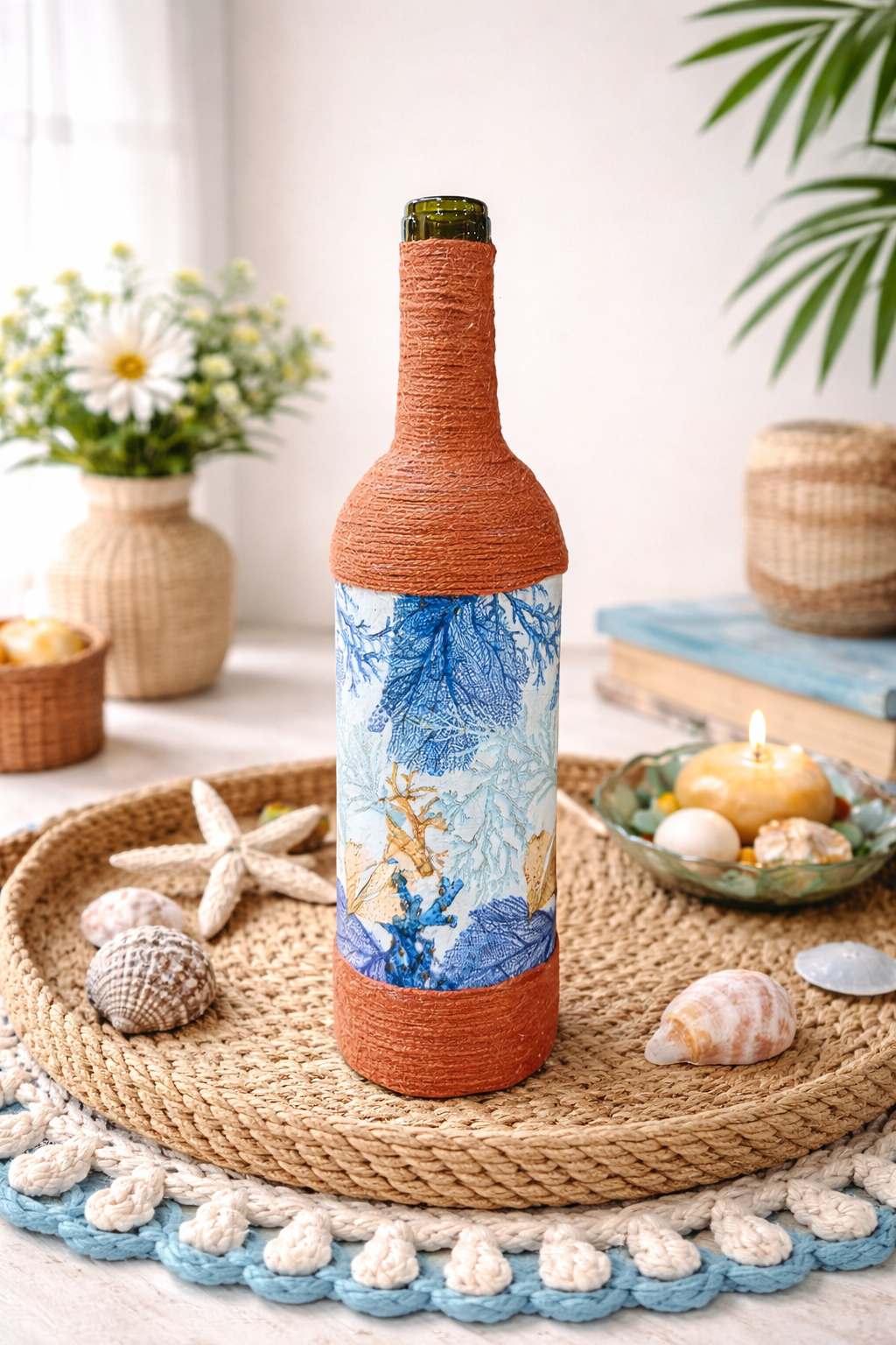 Coastal Coral Upcycled Wine Bottle Incense Burner | Handmade Boho Home Fragrance Decor