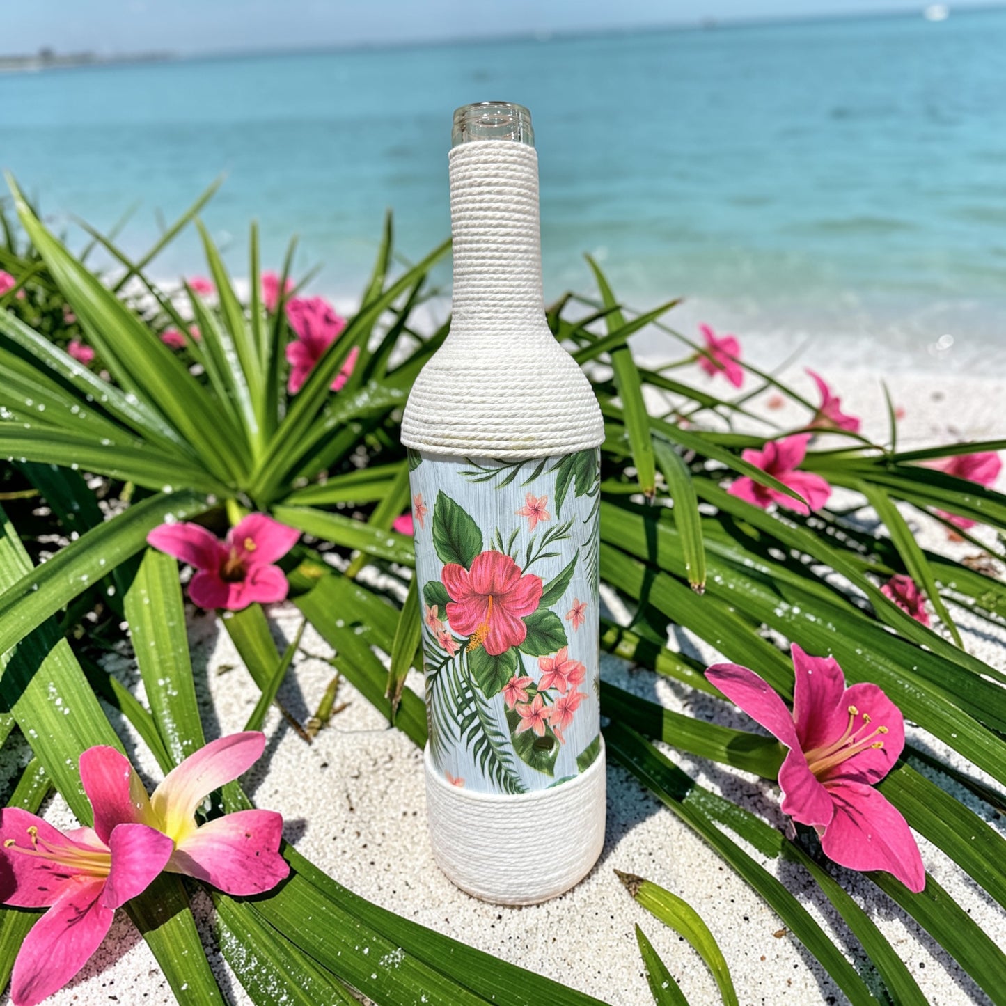 Tropical Hibiscus Upcycled Wine Bottle Incense Burner | Coastal Decor