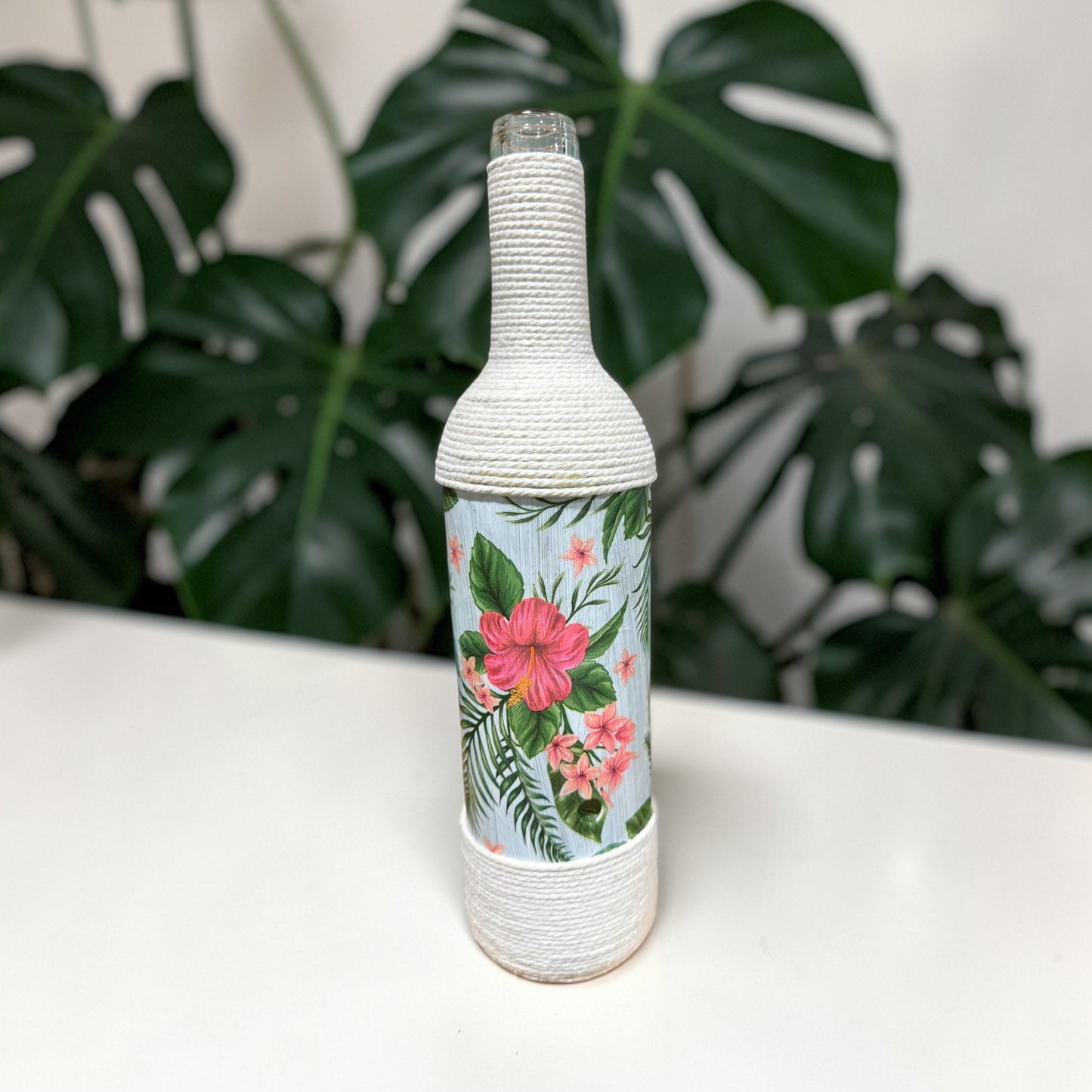 Tropical Hibiscus Upcycled Wine Bottle Incense Burner | Coastal Decor