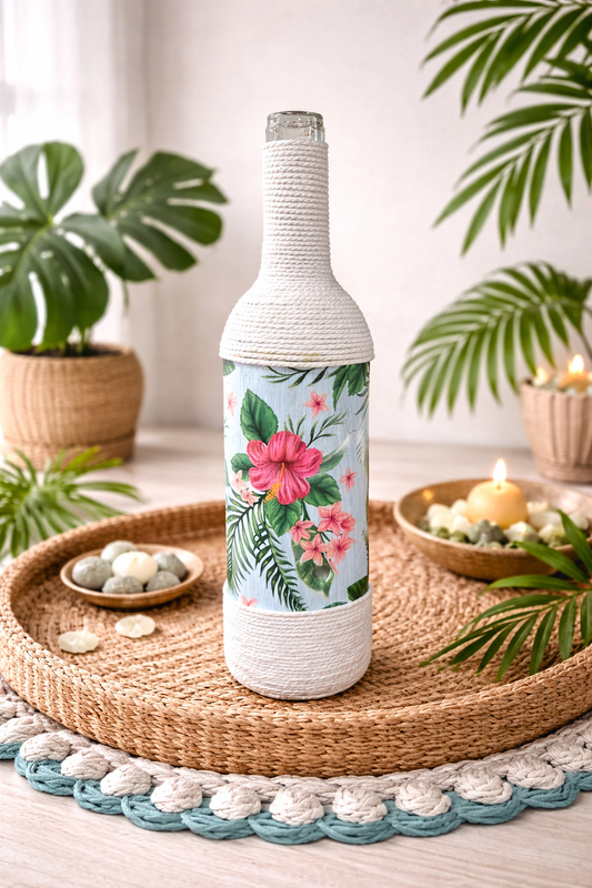 Tropical Hibiscus Upcycled Wine Bottle Incense Burner | Coastal Decor