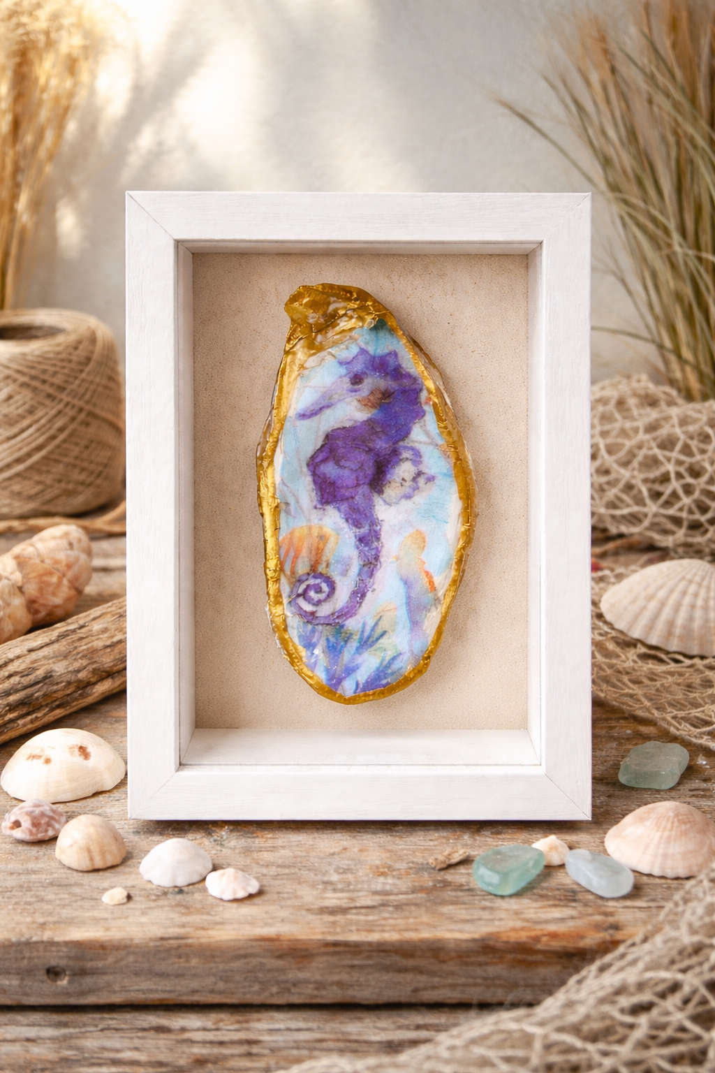 Handcrafted Seahorse Oyster Shell Shadow Box – 5” x 7” Coastal Wall De ...