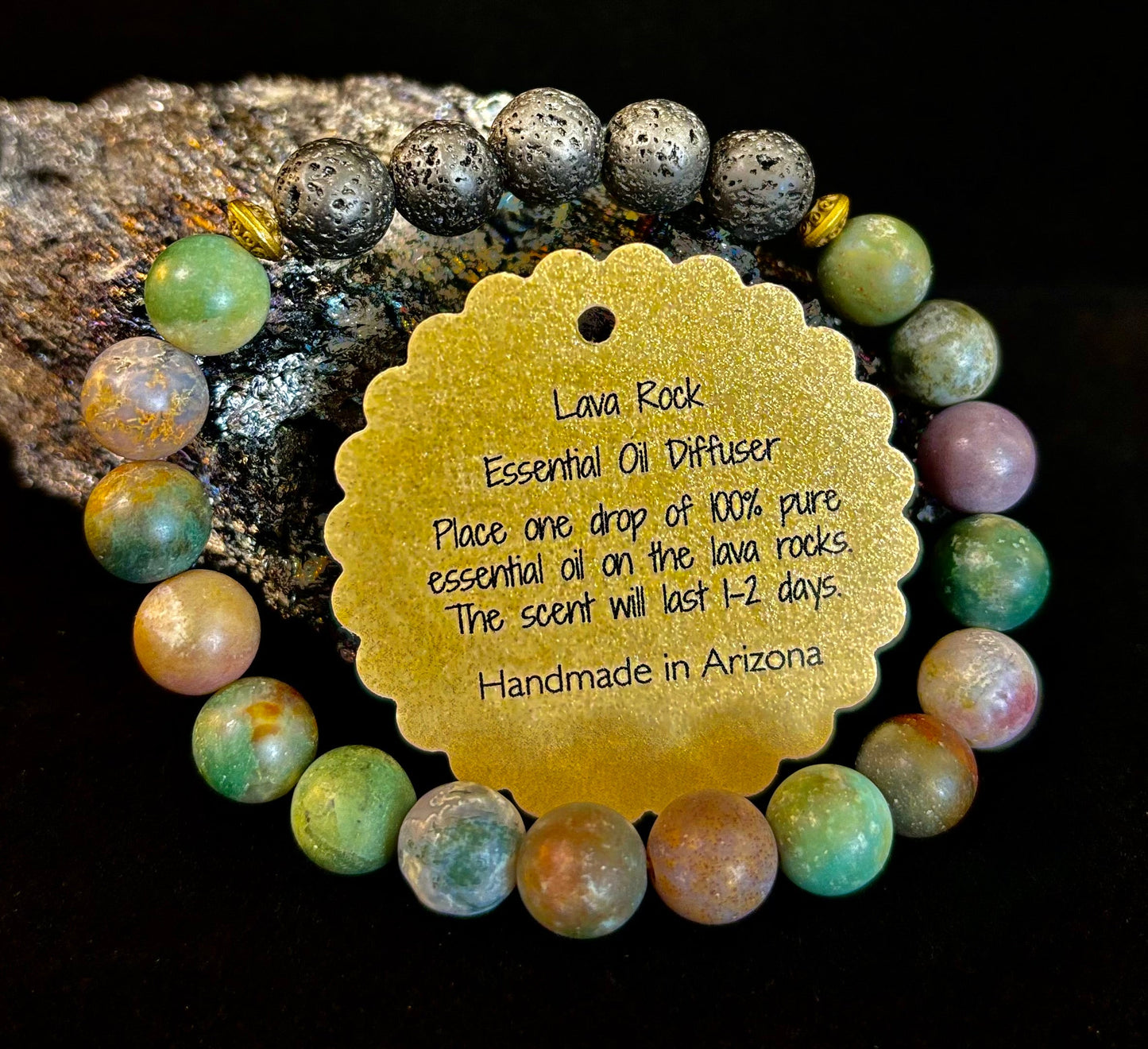 🌿 Grounded Strength Indian Agate Diffuser Bracelet – Lava Stone Energy (10mm)