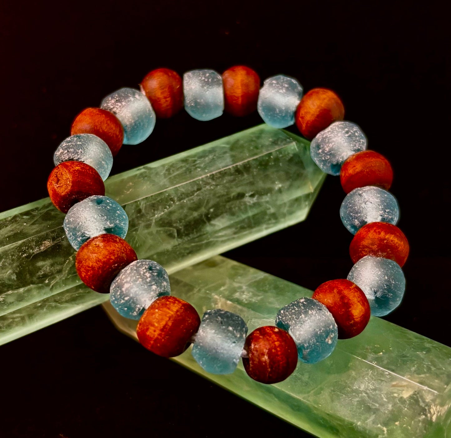 Ocean Drift Recycled Sea Glass Bracelet – Light Blue Coastal Wood Bead Stretch Bracelet 🌊