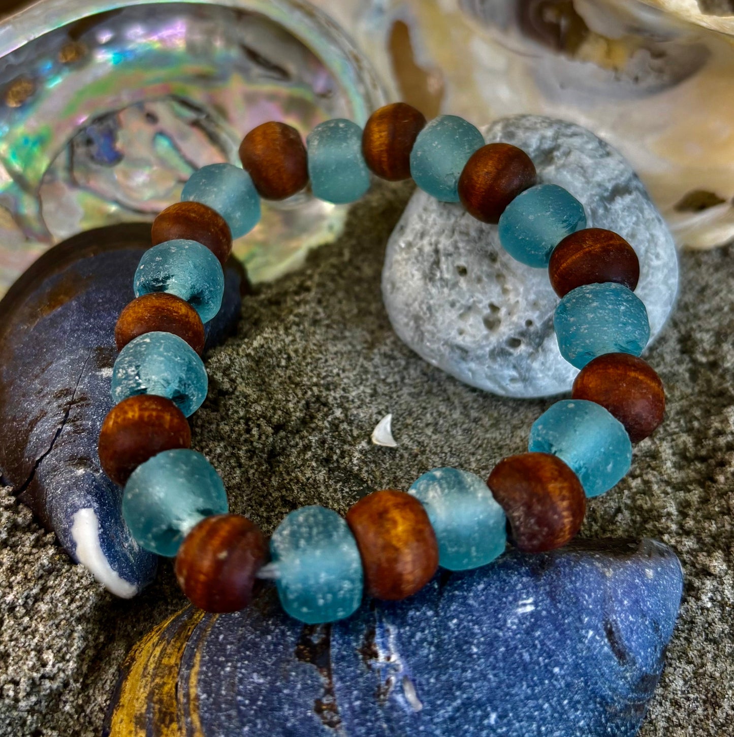 Ocean Drift Recycled Sea Glass Bracelet – Light Blue Coastal Wood Bead Stretch Bracelet 🌊