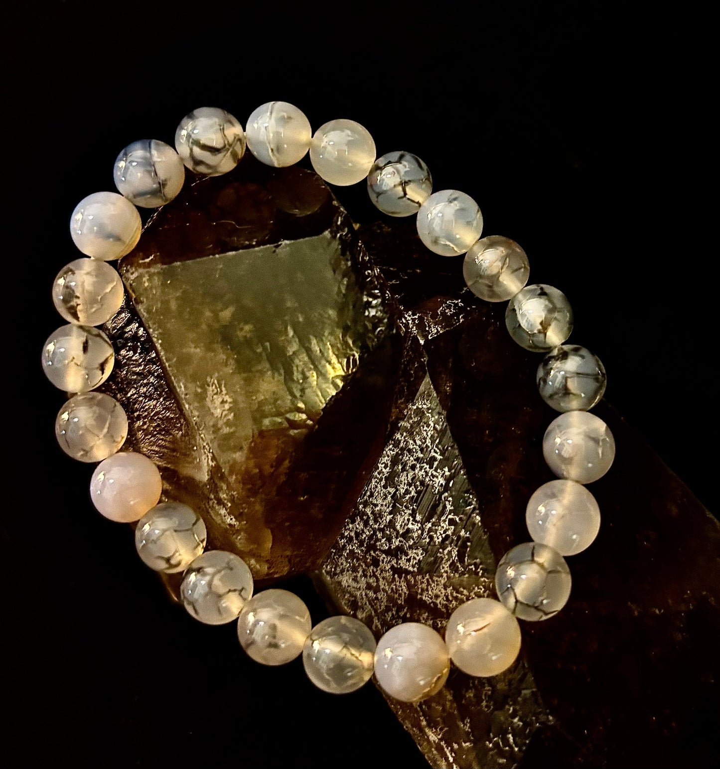 Reiki-Infused Black & White Dragon Vein Agate Bracelet for Protection, Yin-Yang Balance & Courage (8mm & 10mm)