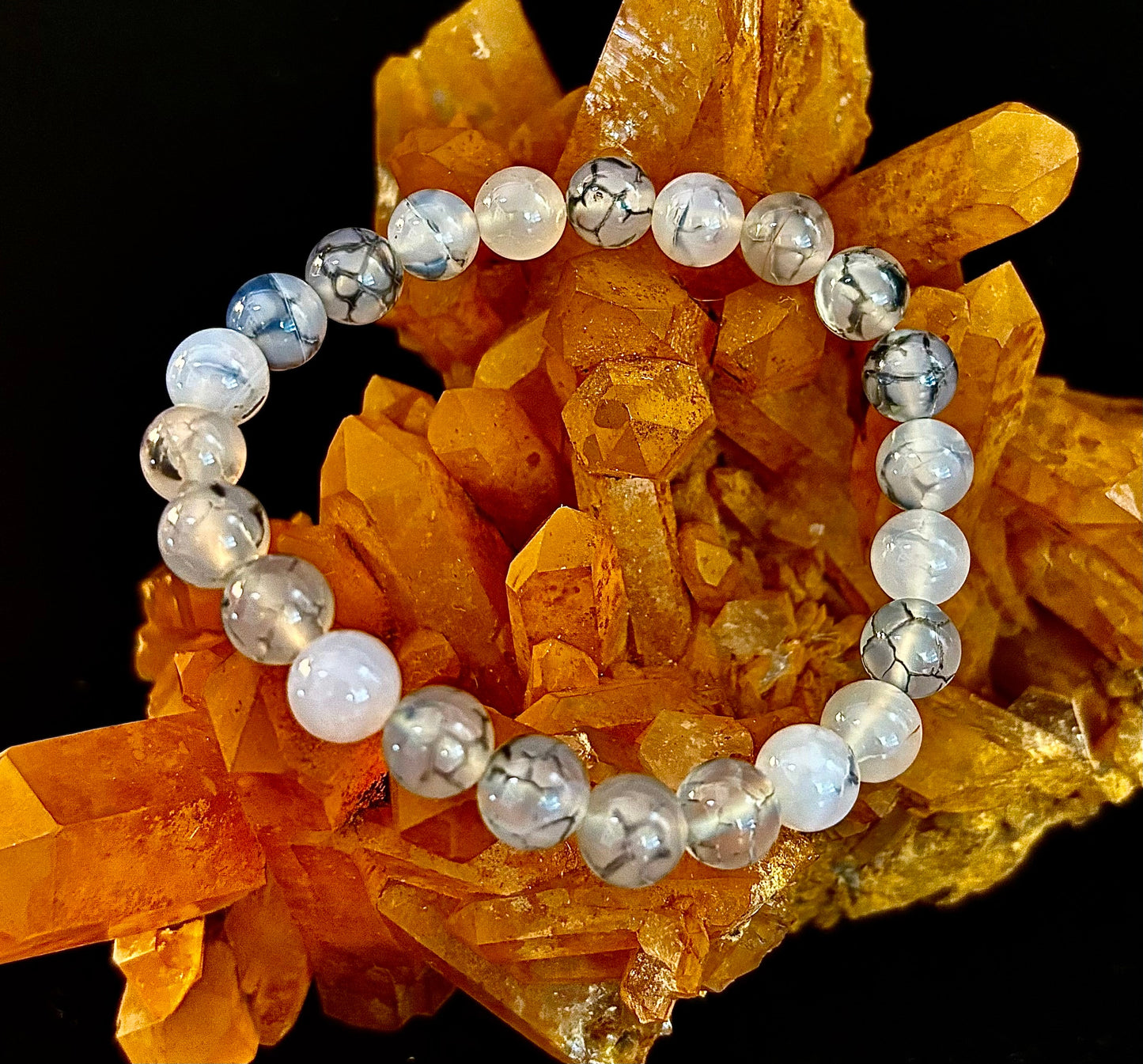 Reiki-Infused Black & White Dragon Vein Agate Bracelet for Protection, Yin-Yang Balance & Courage (8mm & 10mm)