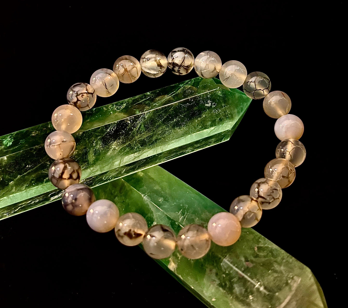 Reiki-Infused Black & White Dragon Vein Agate Bracelet for Protection, Yin-Yang Balance & Courage (8mm & 10mm)