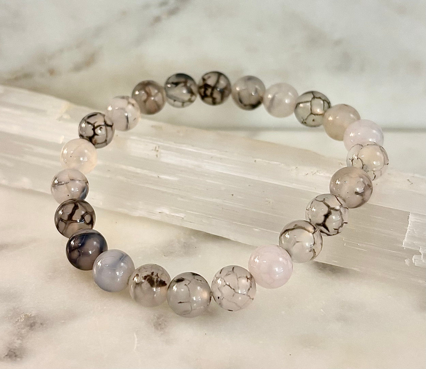 Reiki-Infused Black & White Dragon Vein Agate Bracelet for Protection, Yin-Yang Balance & Courage (8mm & 10mm)