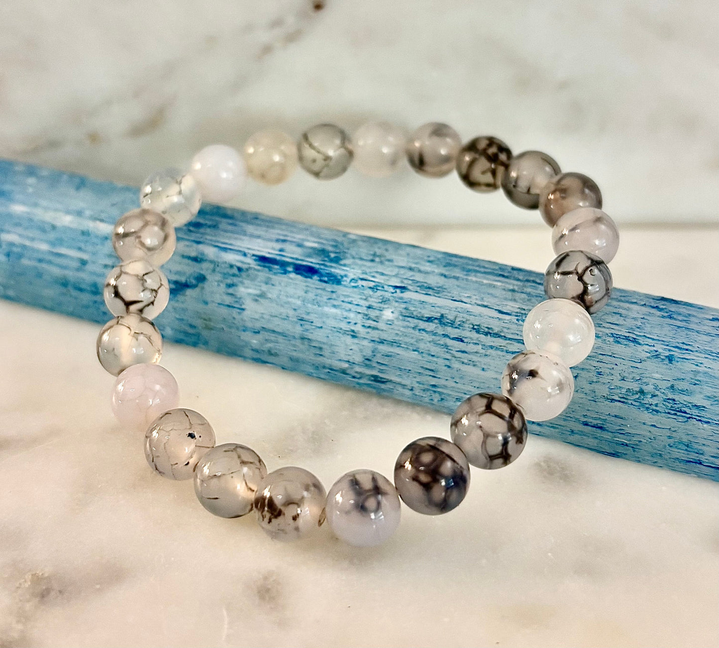 Reiki-Infused Black & White Dragon Vein Agate Bracelet for Protection, Yin-Yang Balance & Courage (8mm & 10mm)