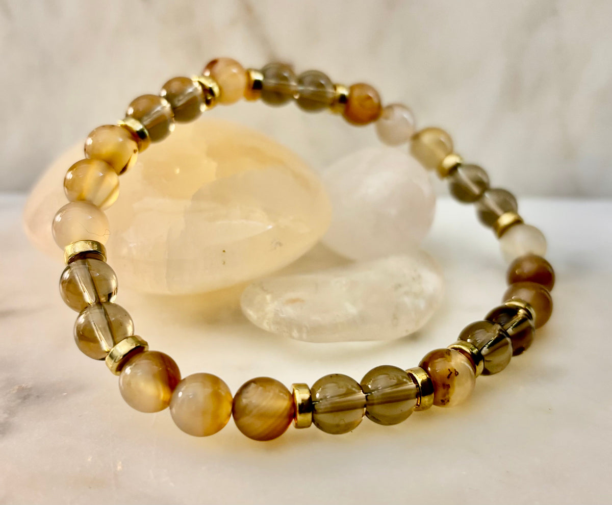 Bohemian "Overthinker's Elixir" Bracelet – Handcrafted Botswana Agate & Smoky Quartz for Grounding & Clarity