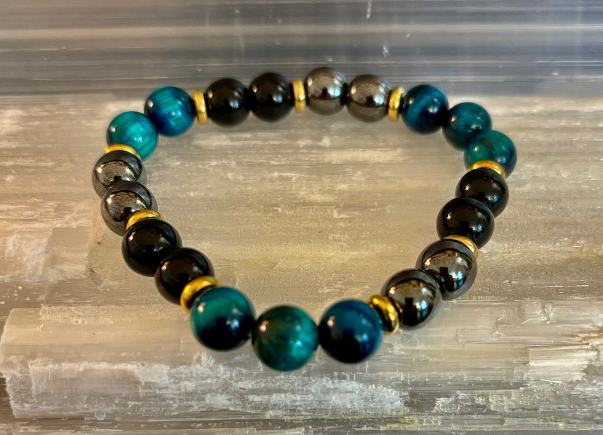 Reiki-Infused Blue Tiger Eye, Silver Hematite & Black Onyx Bracelet for Mental Clarity, Protection & Resilience (8mm)
