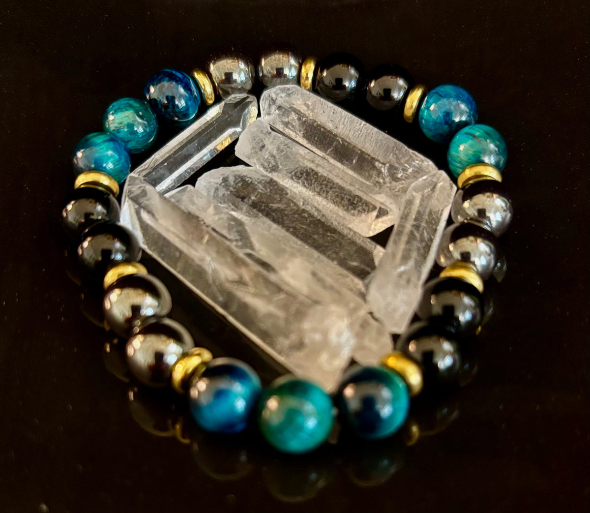 Reiki-Infused Blue Tiger Eye, Silver Hematite & Black Onyx Bracelet for Mental Clarity, Protection & Resilience (8mm)