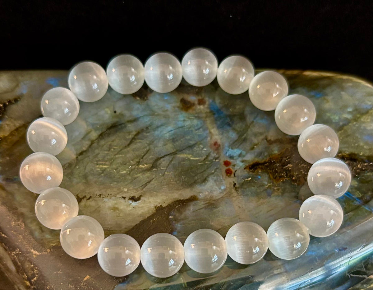 Reiki-Infused White Cat Eye Stone Bracelet for Intuitive Focus, Clarity & Calm Confidence (8mm, 10mm & 12mm)