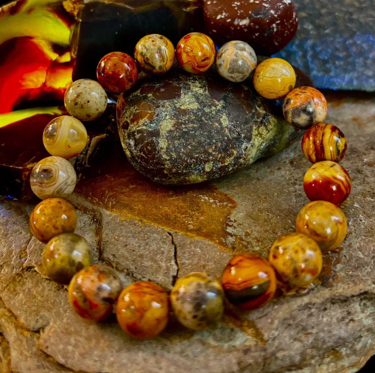 Reiki-Infused Crazy Lace Agate Strength & Stability Bracelet – 10mm Beads (Medium Wrist)