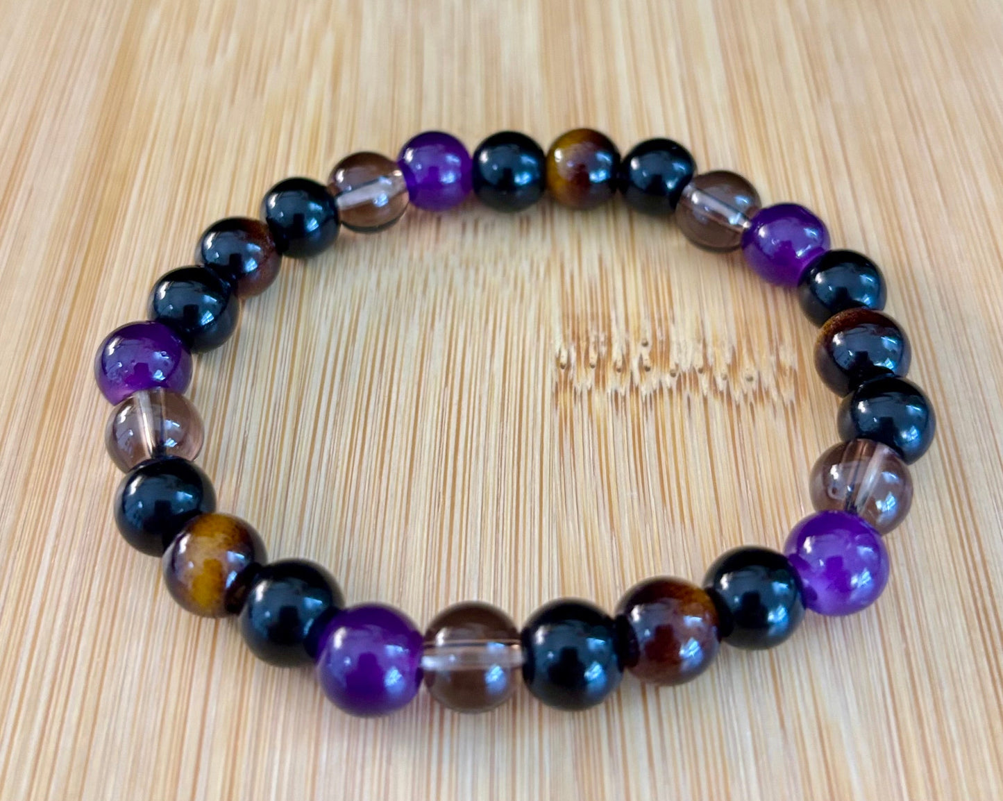 Tranquil Focus Bracelet – Amethyst, Tiger Eye & Smoky Quartz