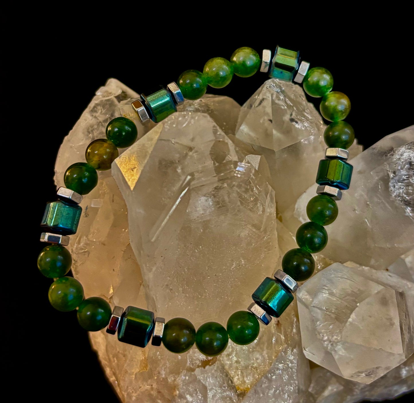 Green Moss Agate Healing Bracelet with Hematite Accents - Large Wrists