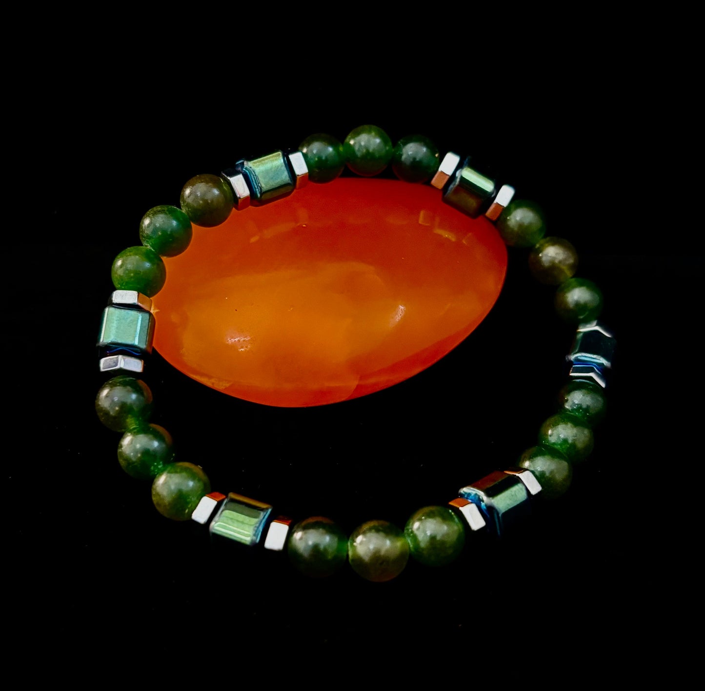 Green Moss Agate Healing Bracelet with Hematite Accents - Large Wrists