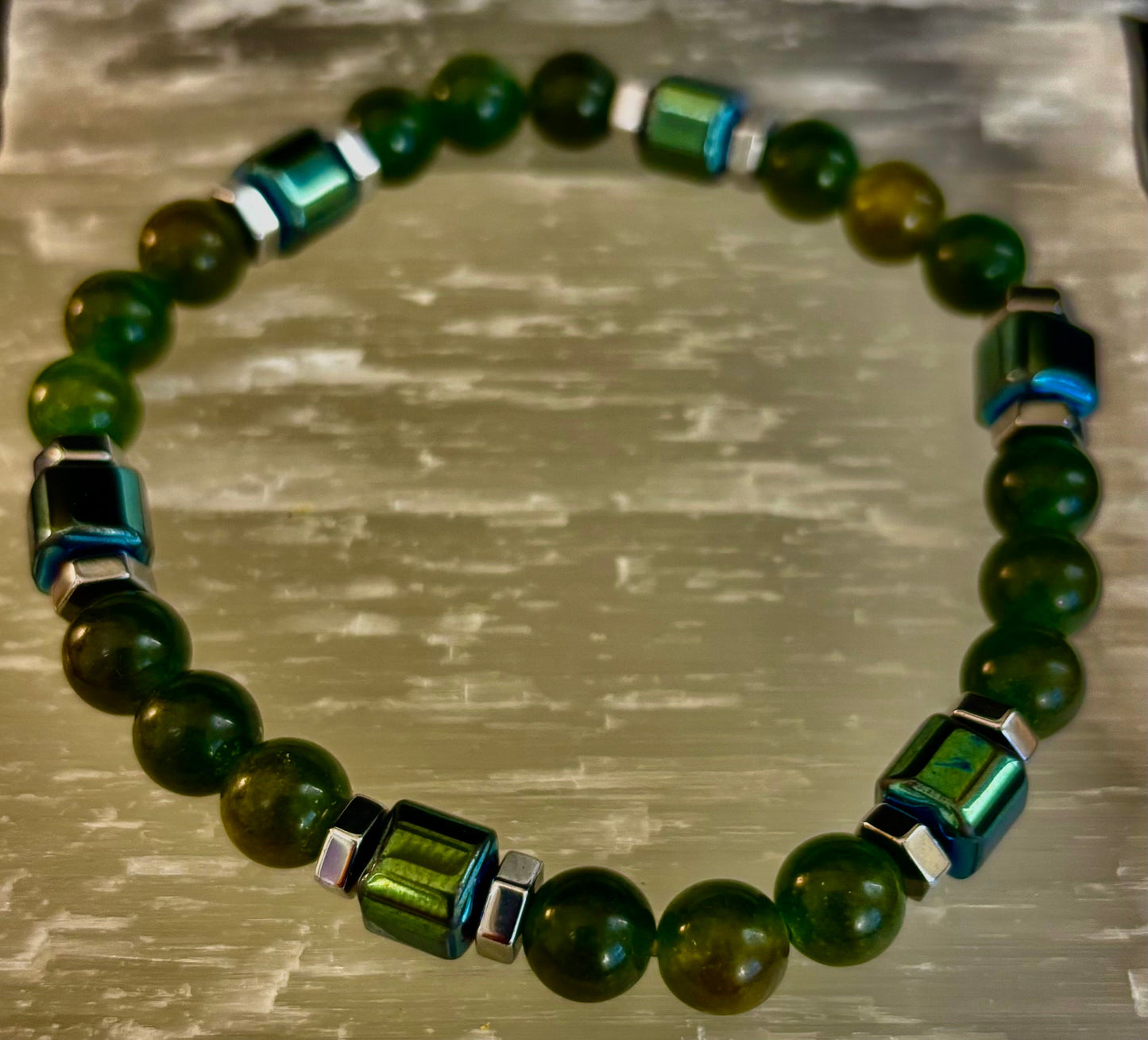 Green Moss Agate Healing Bracelet with Hematite Accents - Large Wrists