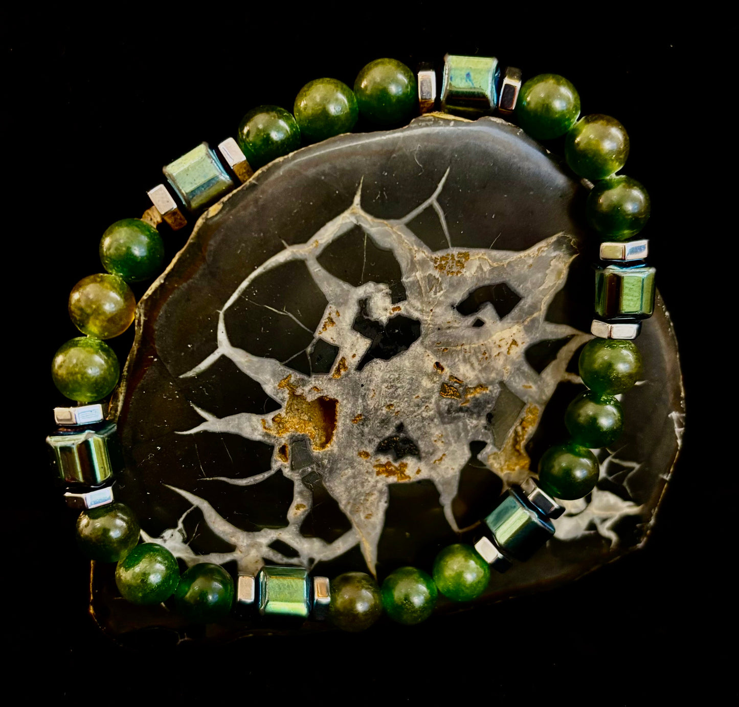 Green Moss Agate Healing Bracelet with Hematite Accents - Large Wrists