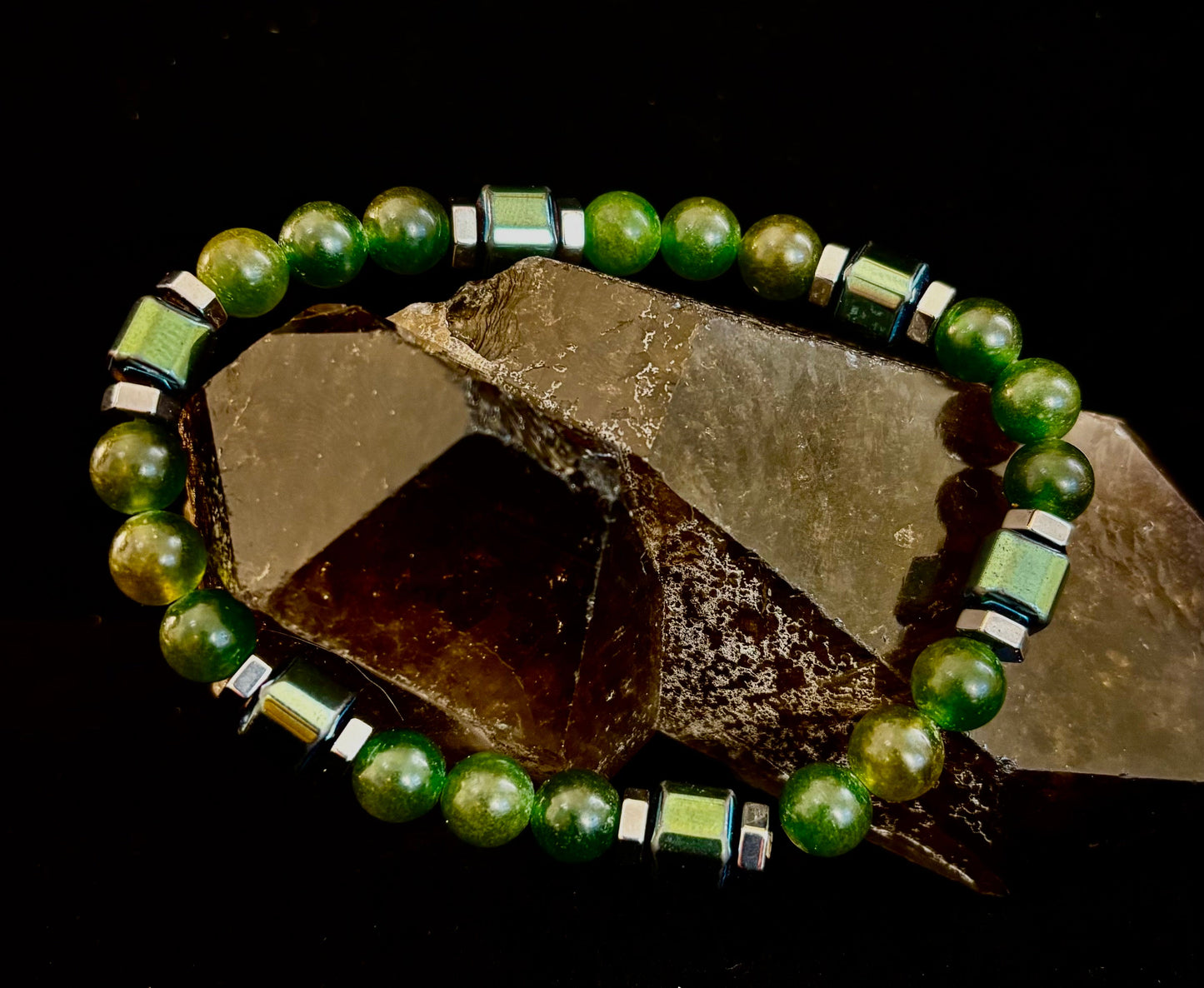 Green Moss Agate Healing Bracelet with Hematite Accents - Large Wrists