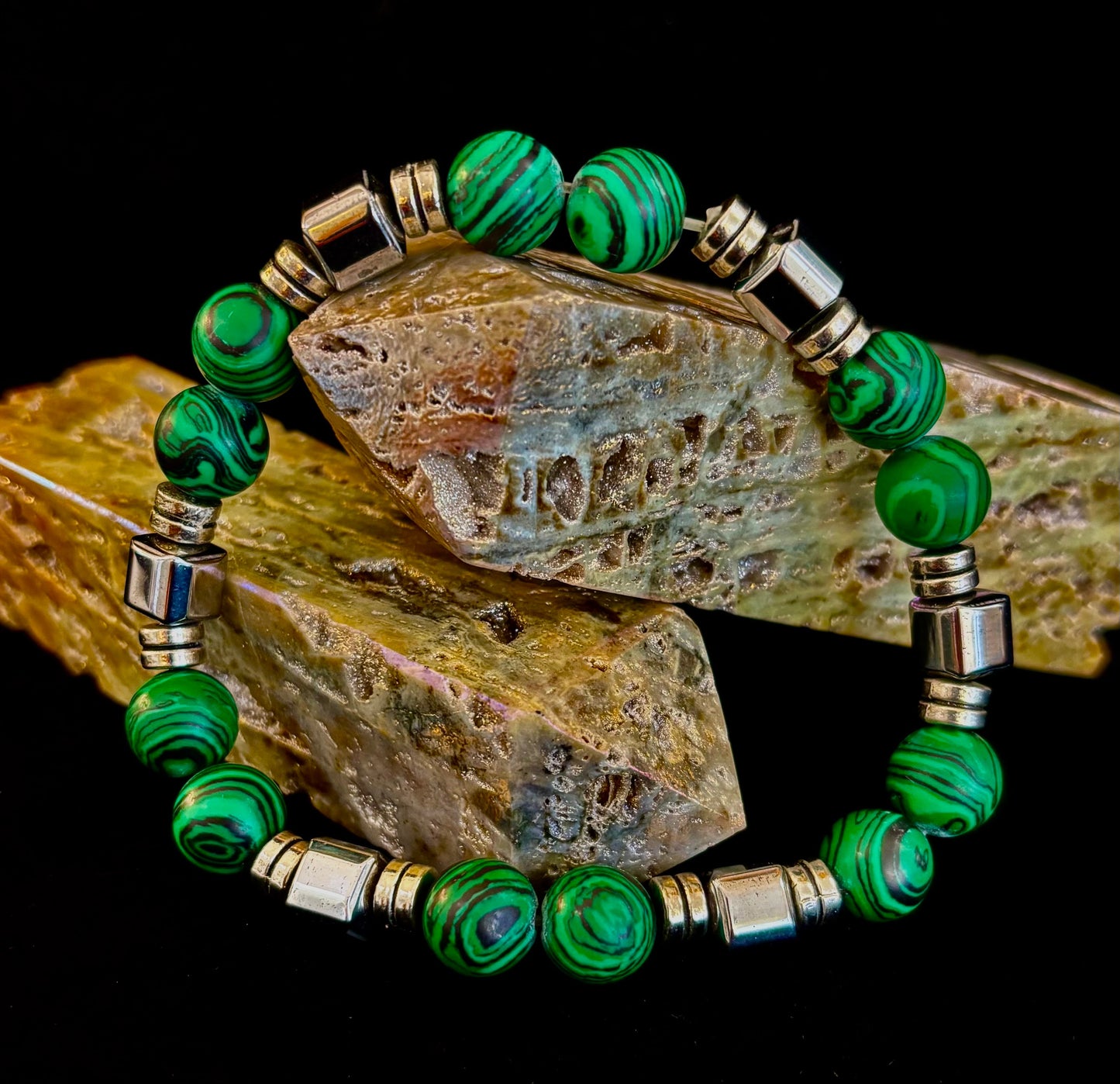 Emerald Malachite Energy Bracelet – XL Natural Stone Bracelet Handmade in Puerto Vallarta
