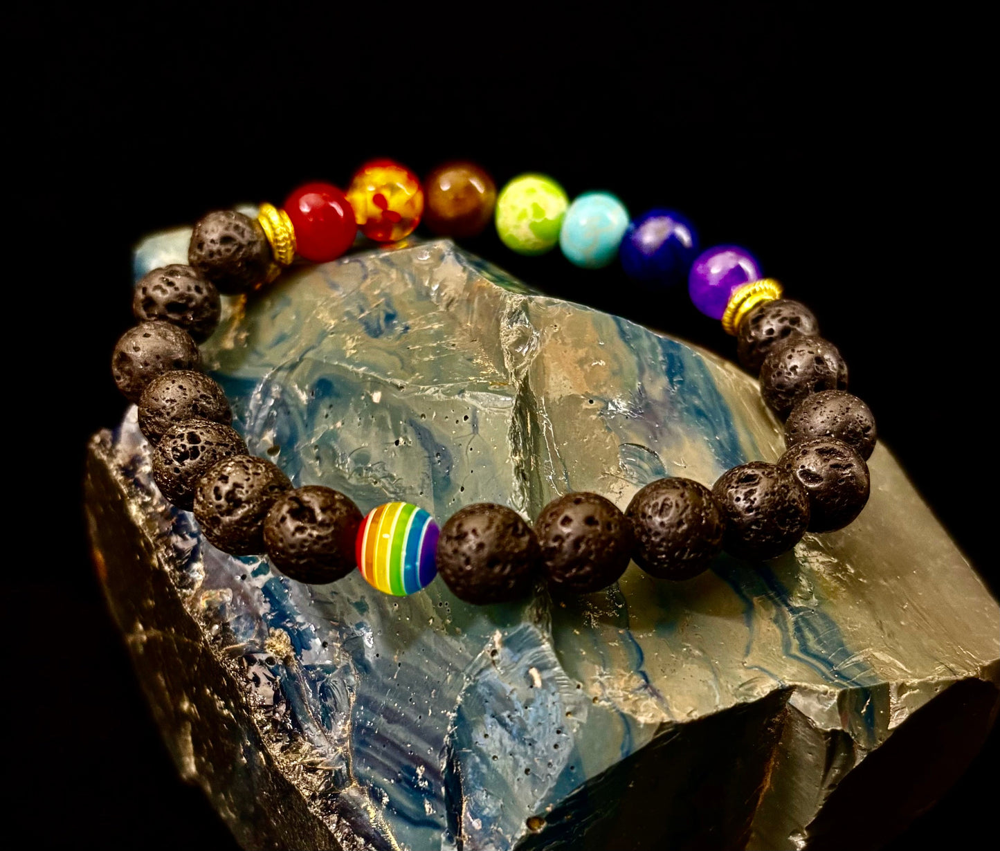 🌈 Faux Stone Chakra Bracelets with LGBTQ Pride Bead – White, Black, or Lava Rock