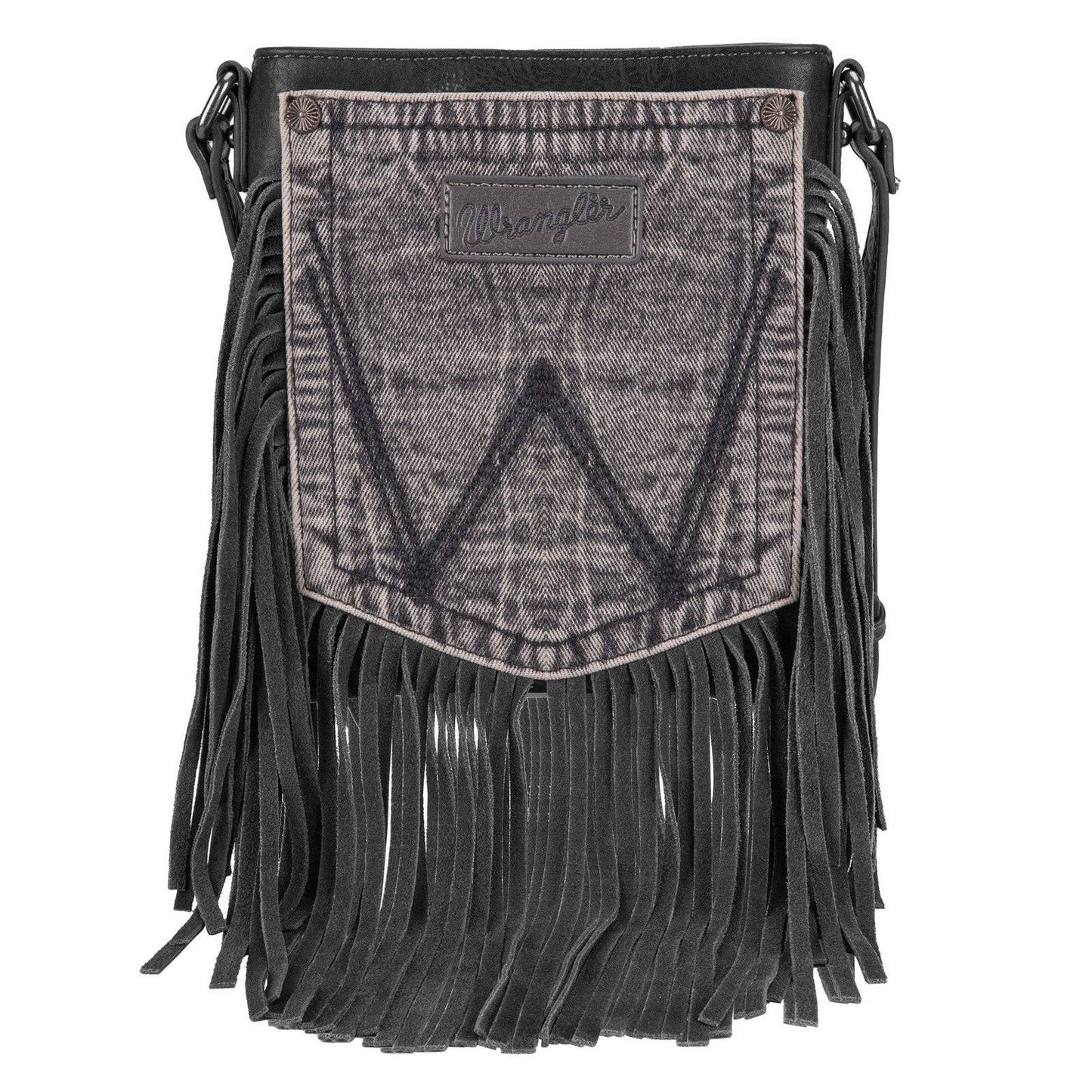 WG44-8360  Wrangler Leather Fringe Jean Denim Pocket Crossbody - Light Black