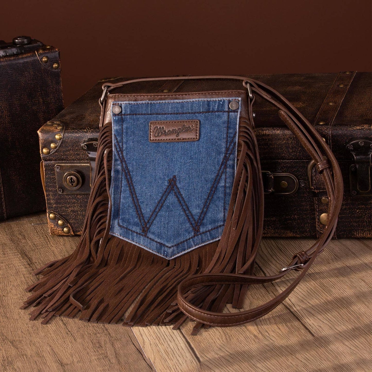 WG44-8360 Wrangler Leather Fringe Jean Denim Pocket Crossbody - Coffee