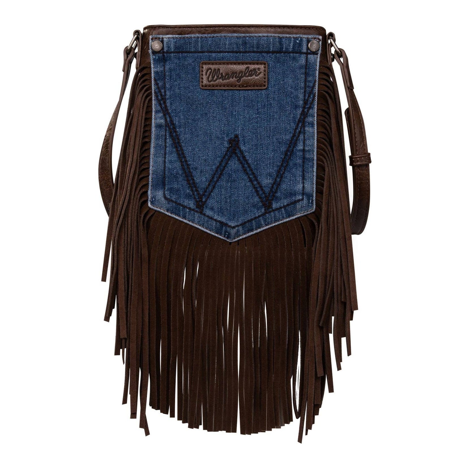 WG44-8360 Wrangler Leather Fringe Jean Denim Pocket Crossbody - Coffee